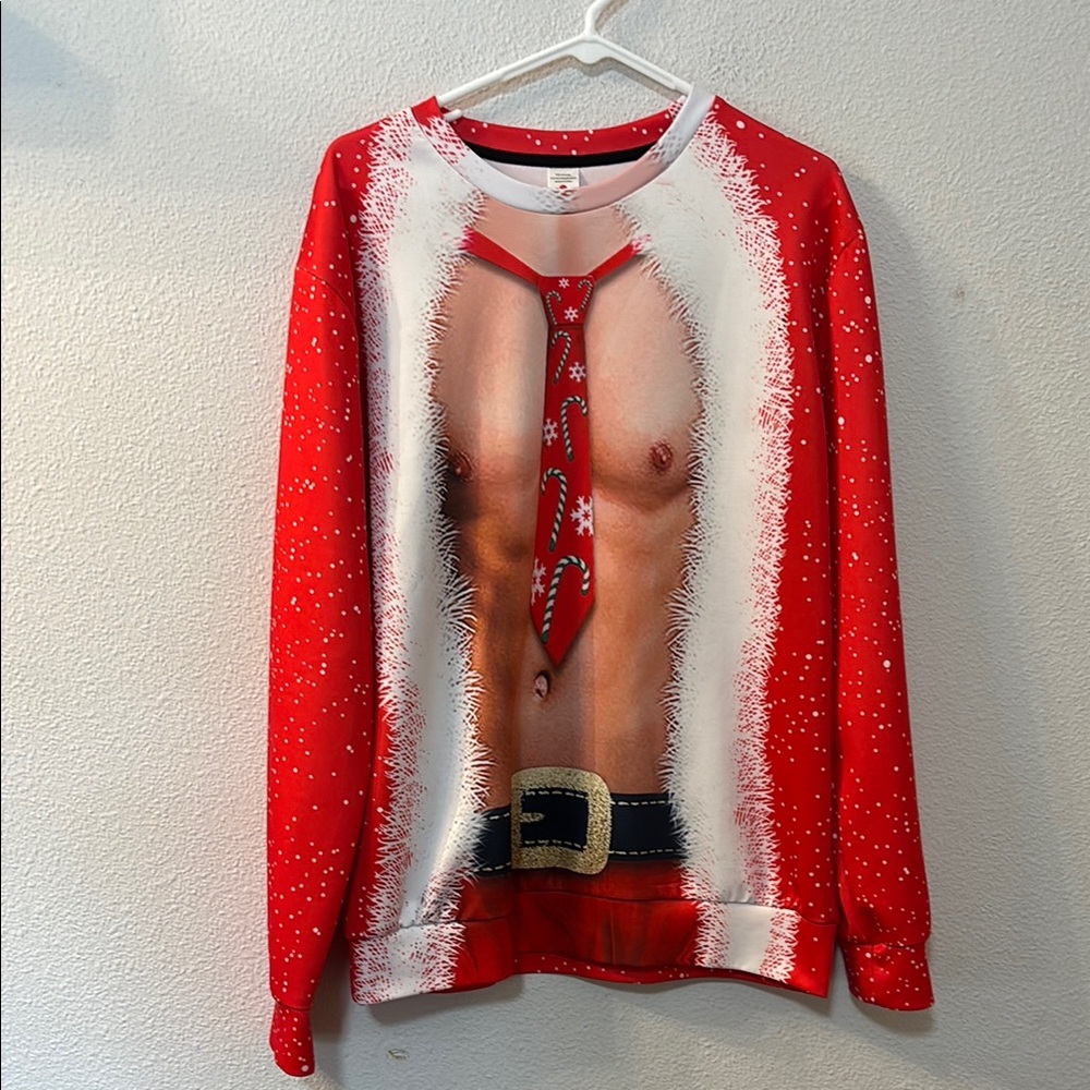 Festive Red Santa Sweater with Tie Print
